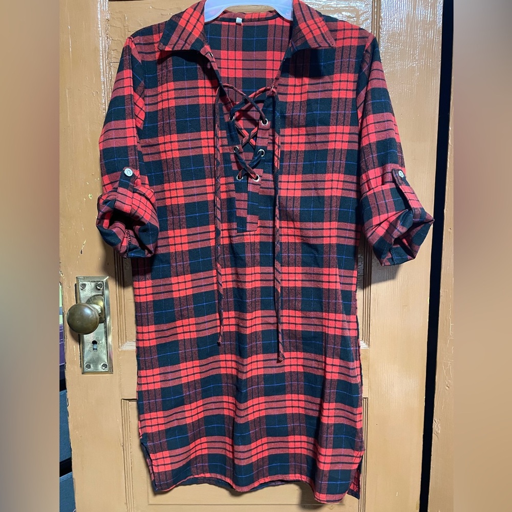 NWOT Red & Black Plaid Criss Cross Shirt Dress